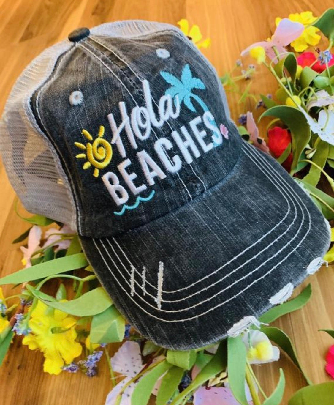 Hat { Beach hair don’t care } Teal or pink flip flops. Embroidered, distressed, trucker cap. Women’s. Sandals. - Stacy's Pink Martini Boutique