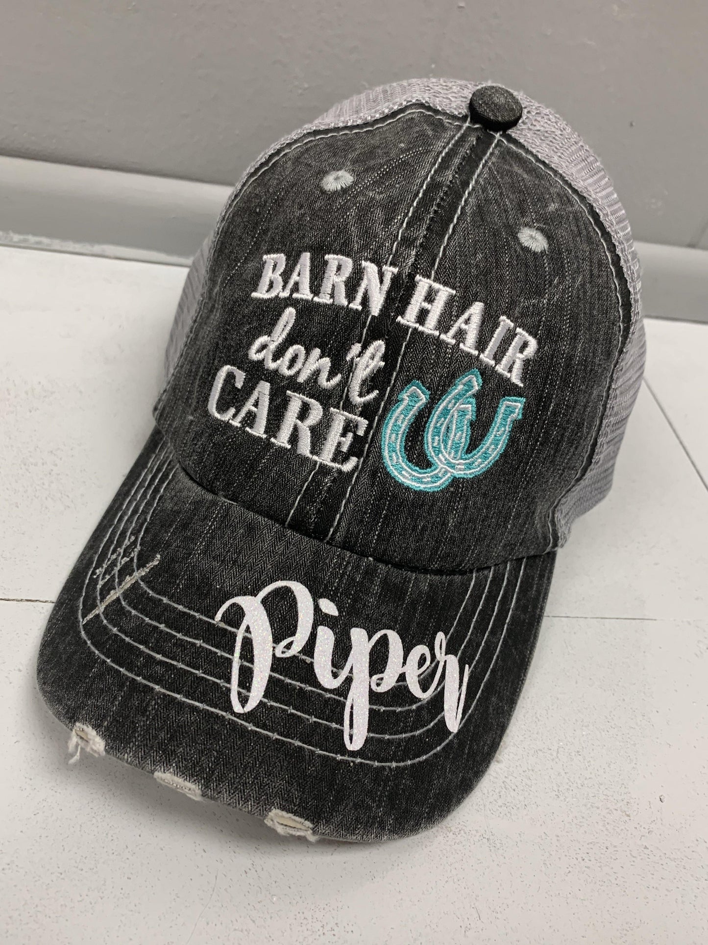 Barn Hats • Barn hair don’t care • Personalize • FREE SHIP! TEAL, PINK, WHITE horseshoe • Embroidered • Distressed • Horses - Stacy's Pink Martini Boutique