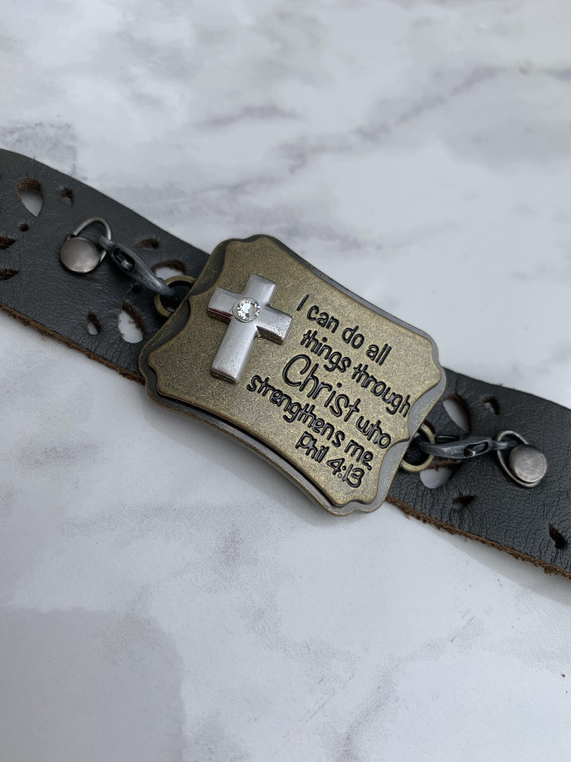 Bracelet | I can do all things through Christ who strengthens me Philippians 4:13 | Adjustable leather wrap - Stacy's Pink Martini Boutique