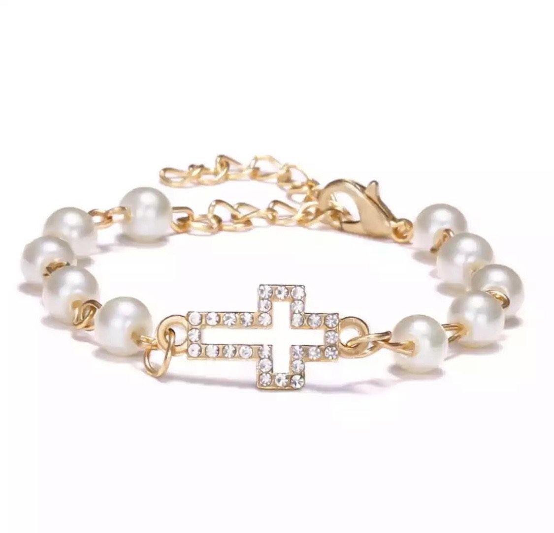 Cross bracelets Pearls, gold & rhinestones Womens fashion jewelry - Stacy's Pink Martini Boutique