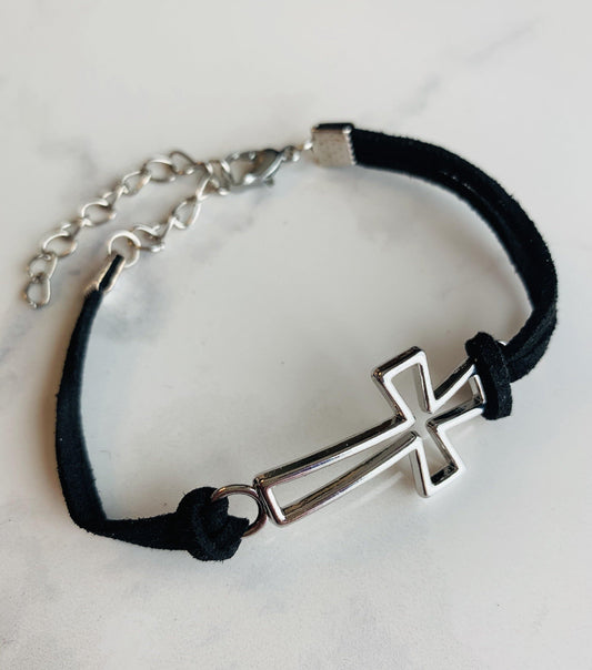Cross bracelet • Silver • Black cording Adjustable extender Lobster clasp - Stacy's Pink Martini Boutique