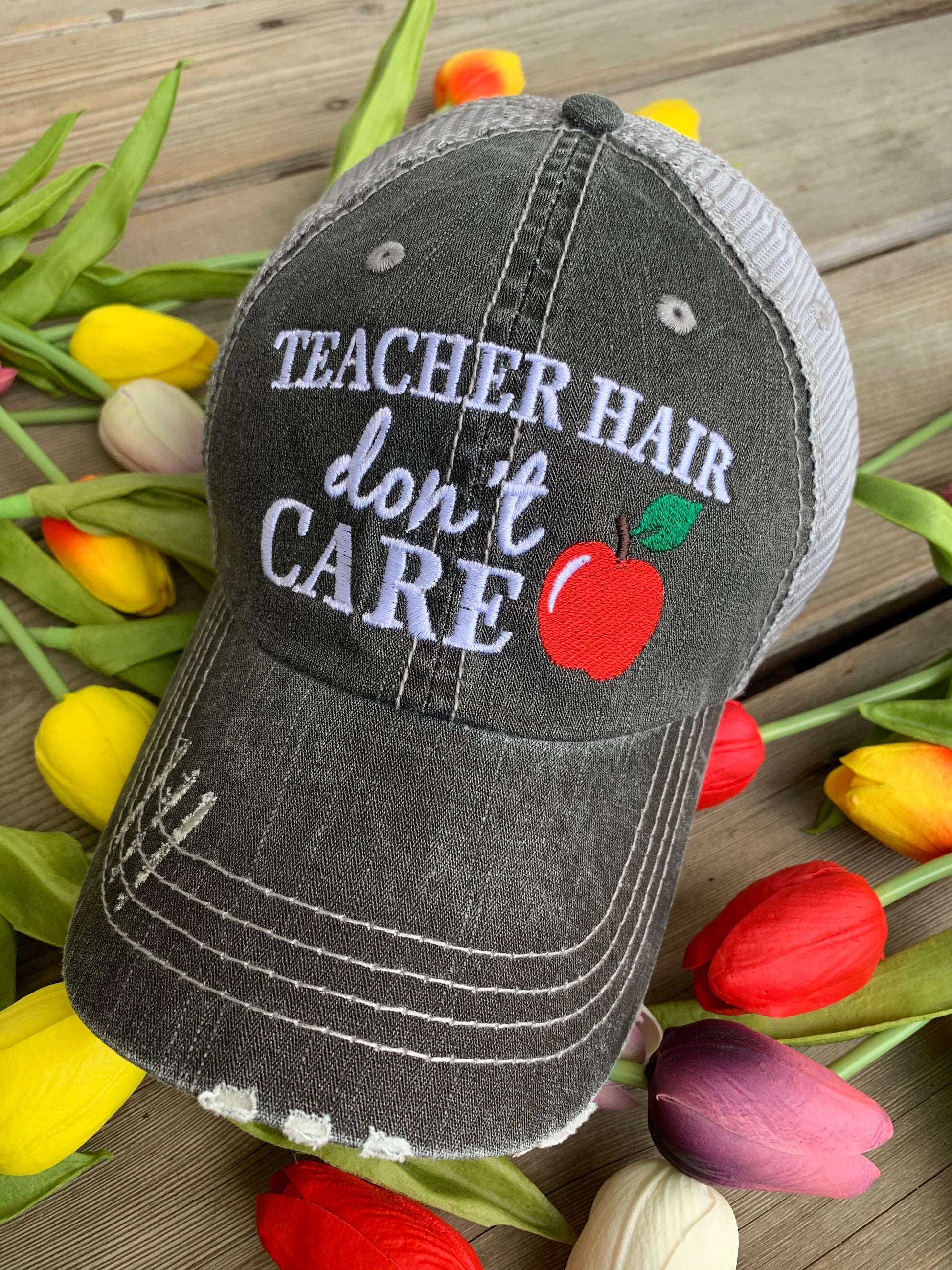 Teacher hats and socks Teacher hair dont care Gray distressed trucker cap  Apple Teach Inspire Socks - Stacy's Pink Martini Boutique