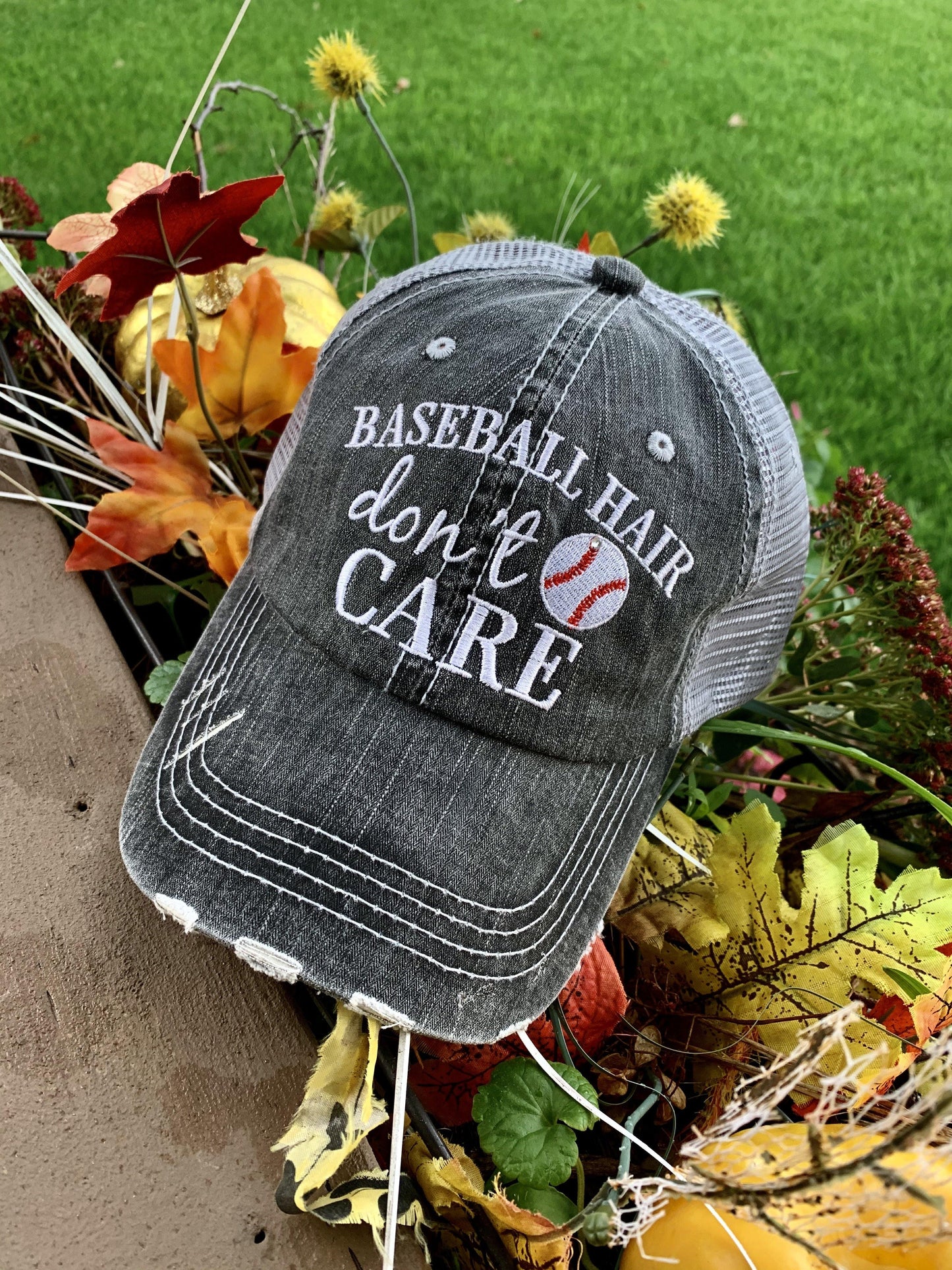 Baseball hat Baseball hair don’t care Embroidered gray distressed trucker cap - Stacy's Pink Martini Boutique