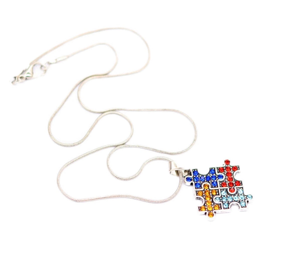 Necklace { Autism } Puzzle pieces • Silver • Rhinestones • 20 inches • $5 jewelry - Stacy's Pink Martini Boutique