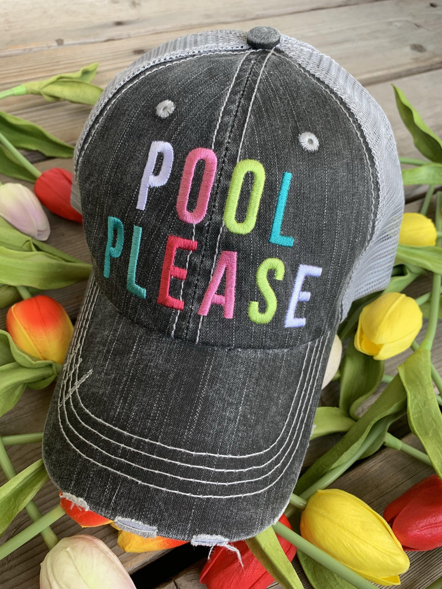 Hats { Cheer mom } Embroidered distressed trucker cap with adjustable Velcro • Pom poms • Gray with pink, teal, purple or red pom poms • Customize with names and numbers - Stacy's Pink Martini Boutique