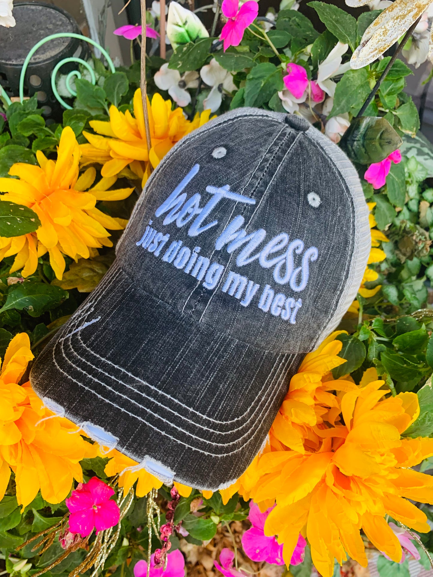 HOT MESS just doing my best hats Embroidered gray distressed unisex trucker caps Womens gift - Stacy's Pink Martini Boutique