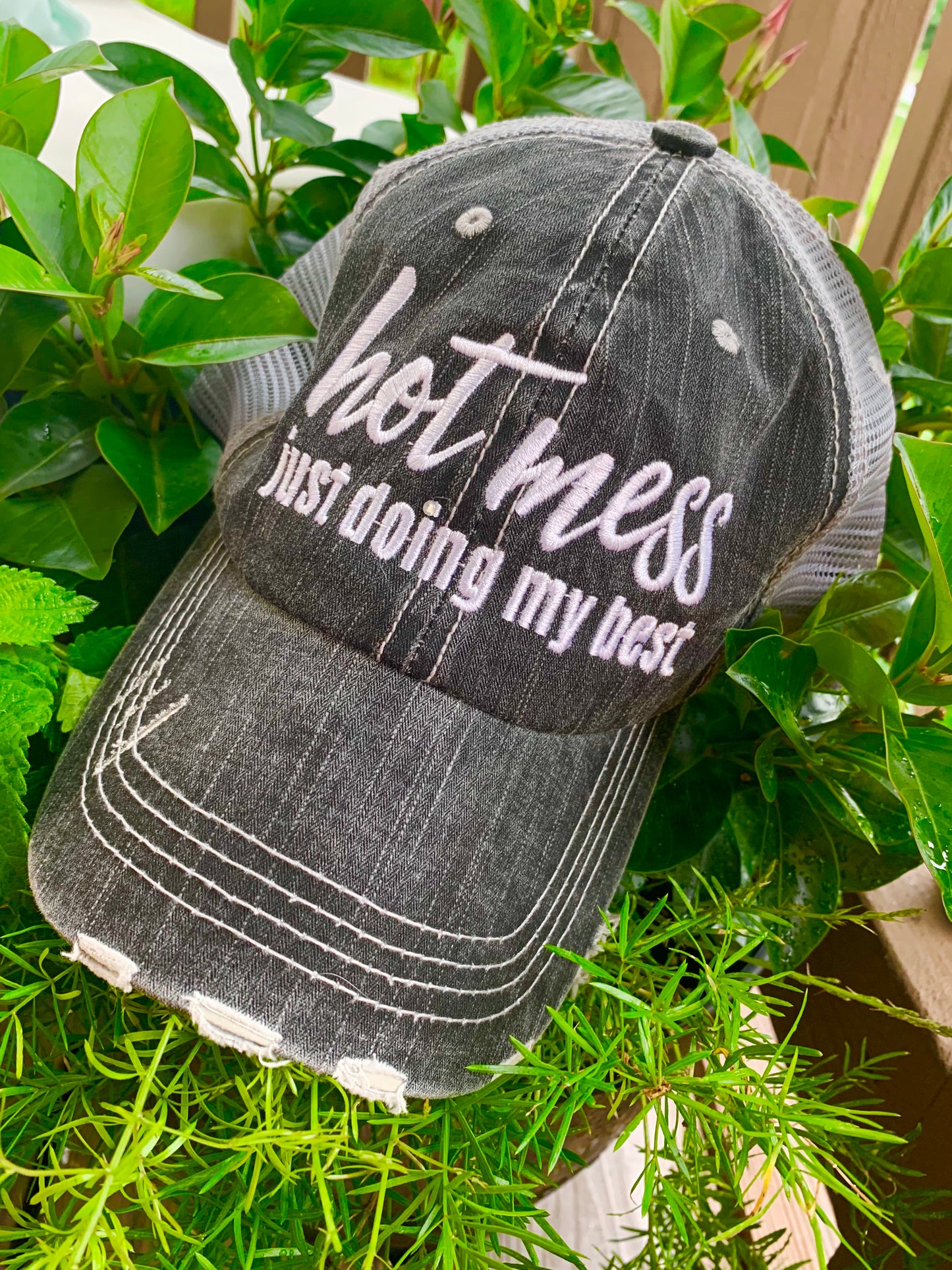 HOT MESS just doing my best hats Embroidered gray distressed unisex trucker caps Womens gift - Stacy's Pink Martini Boutique