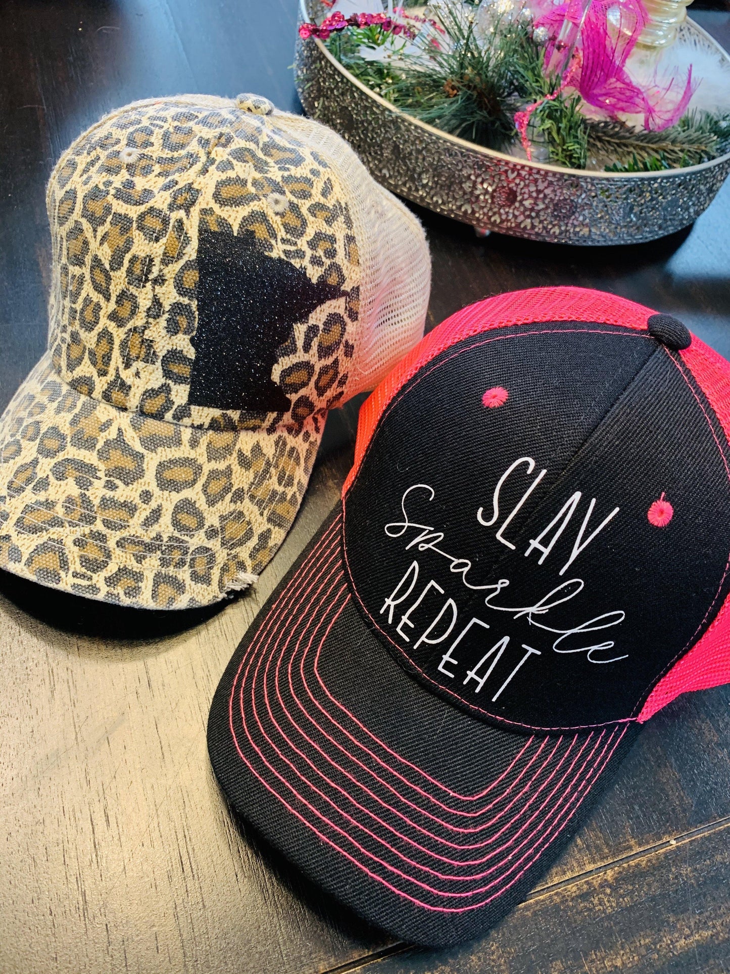 Leopard print state hats Minnesota or any state Baseball trucker cap animal print - Stacy's Pink Martini Boutique