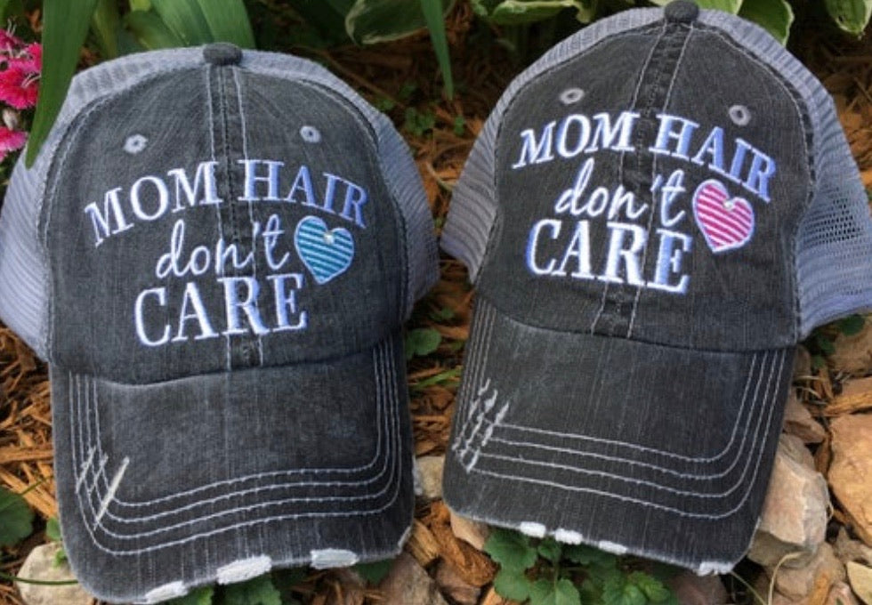 Mom hats Mom hair dont care Embroidered trucker womens baseball caps Teal pink heart - Stacy's Pink Martini Boutique