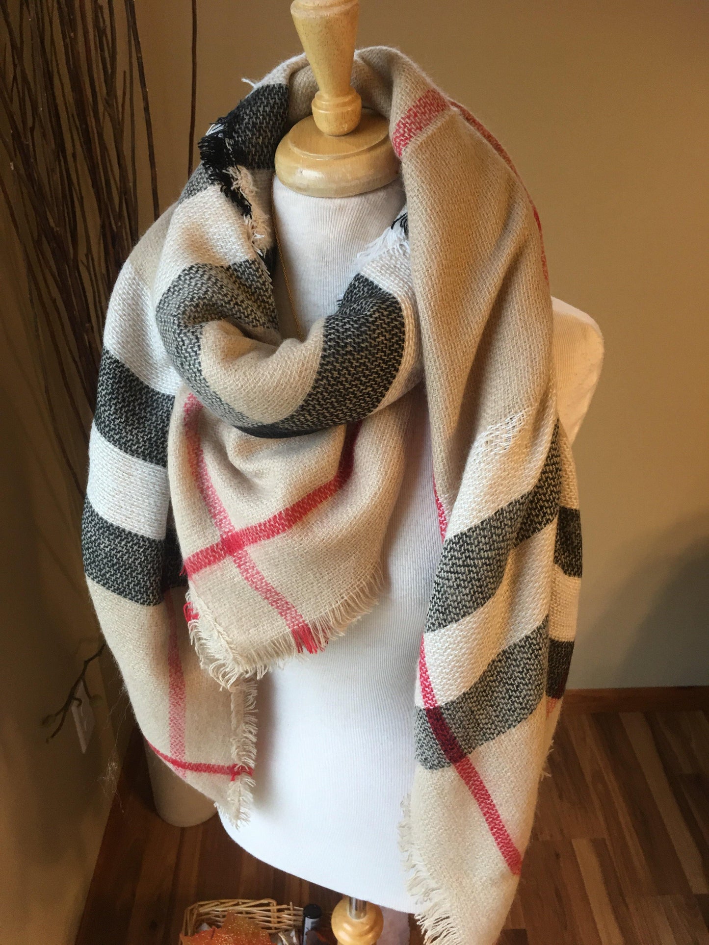 Blanket scarf { Classic check } Camel. Large square blanket scarf. - Stacy's Pink Martini Boutique