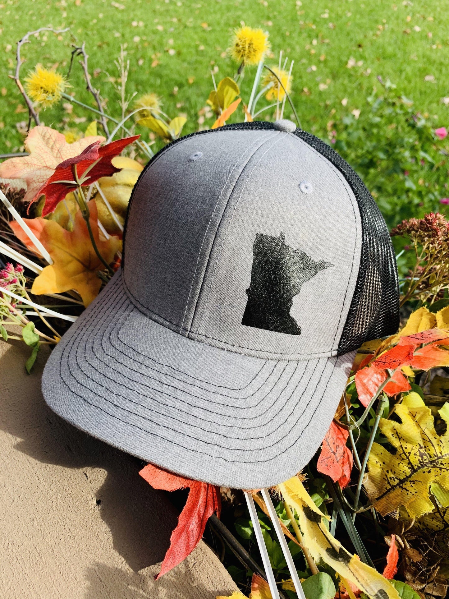 Hats { Minnesota } Gray trucker cap black mesh back adjustable snapback. Choose any state. Unisex. - Stacy's Pink Martini Boutique