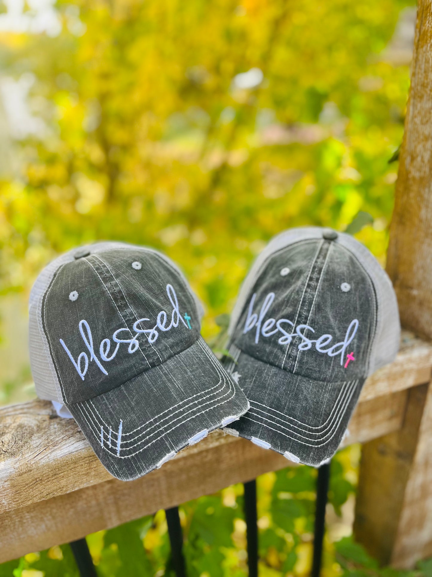 Blessed hats Embroidered distressed gray trucker cap