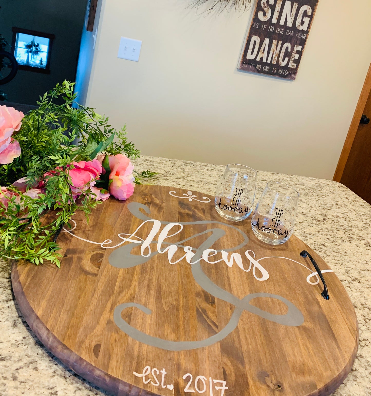 Custom wood signs & tray. Hand painted by Stacy. They are not vinyl. They are one of a kind pieces with blended and stains and hand done! - Stacy's Pink Martini Boutique