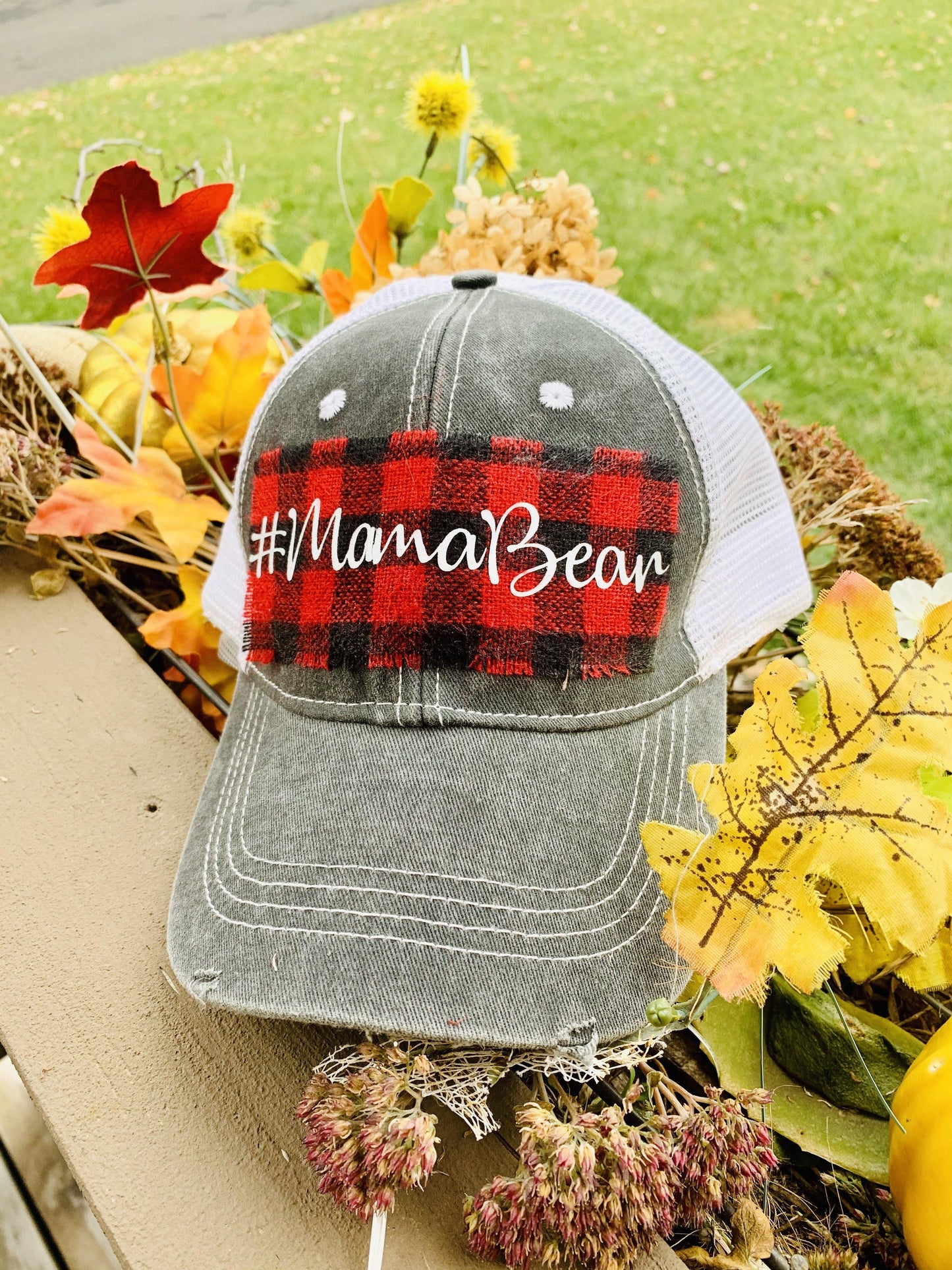 Hats { Blessed mama } Gray distressed with buffalo plaid in red and black check adjustable Velcro. Any custom sating available. - Stacy's Pink Martini Boutique