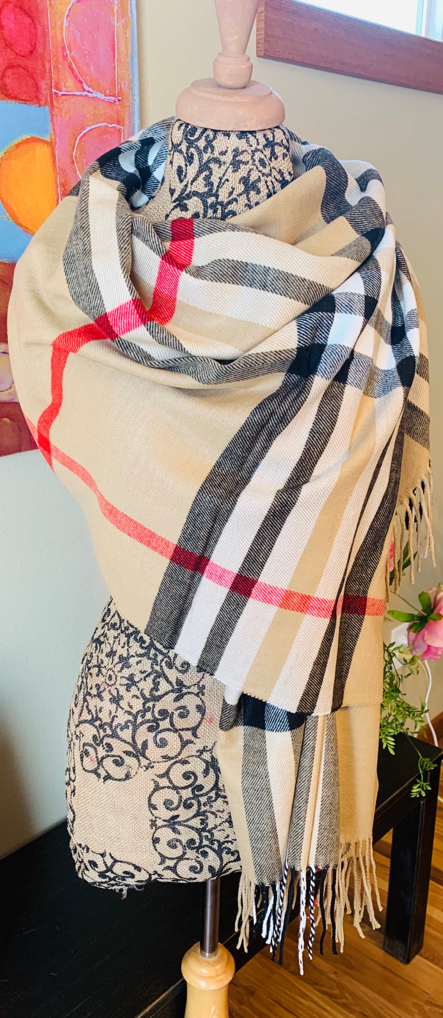 Cashmere Scotland Scarf | 80 x 30 | Camel brown vintage check plaid | Beautiful as a wrap/shawl - Stacy's Pink Martini Boutique