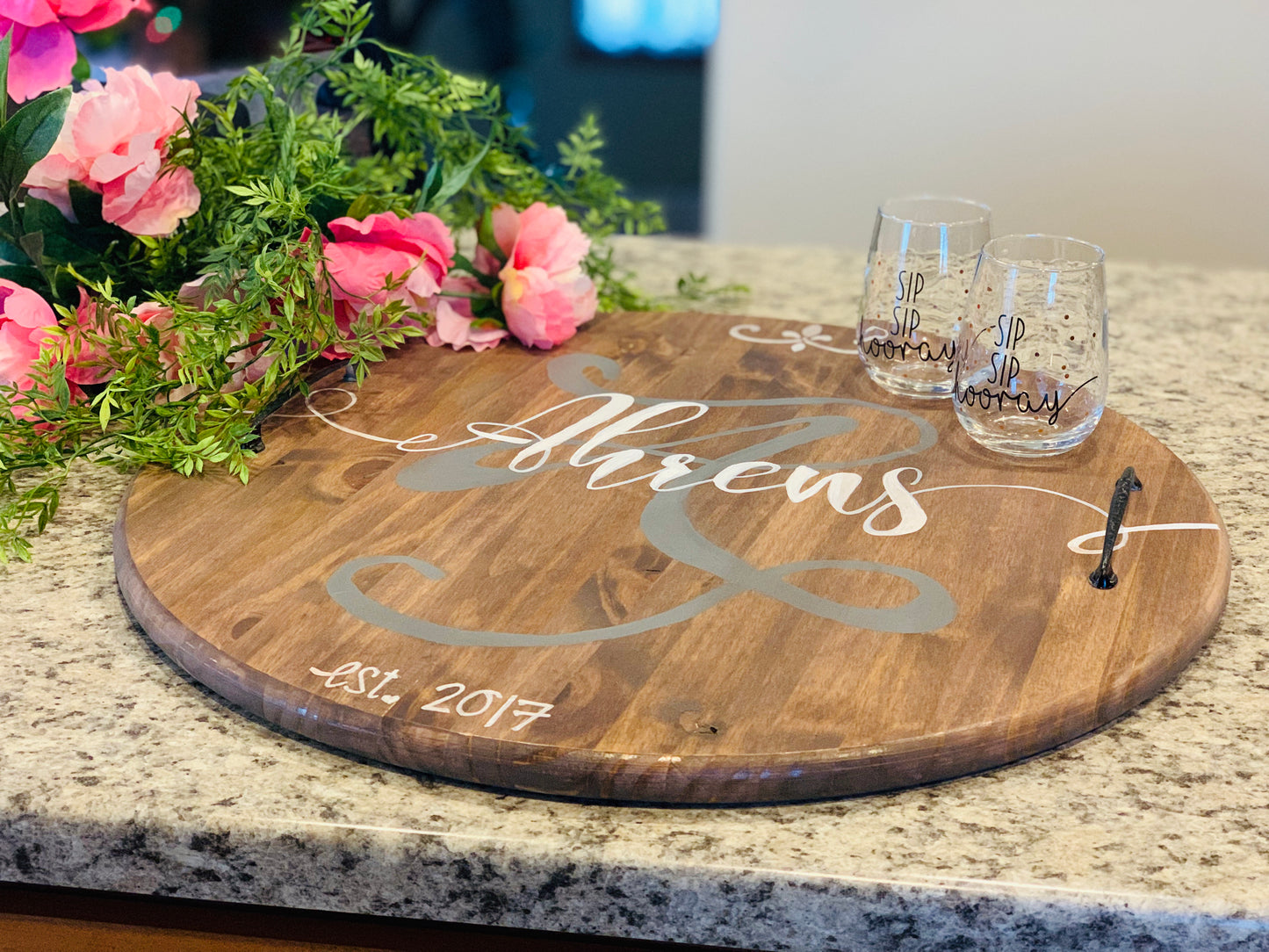 Custom wood signs & tray. Hand painted by Stacy. They are not vinyl. They are one of a kind pieces with blended and stains and hand done! - Stacy's Pink Martini Boutique