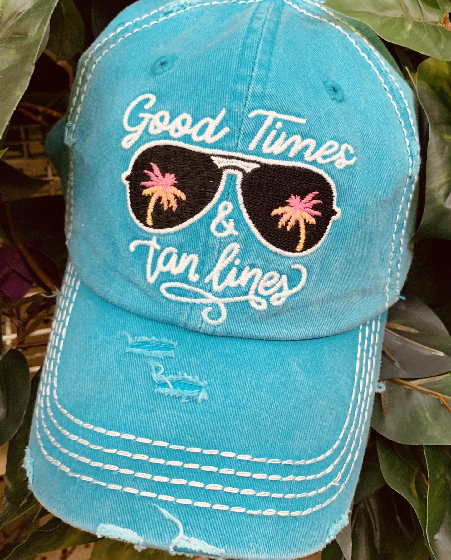 Good times and tan lines • Summer women’s trucker hat • Embroidered teal cap with sunglasses & palm trees - Stacy's Pink Martini Boutique