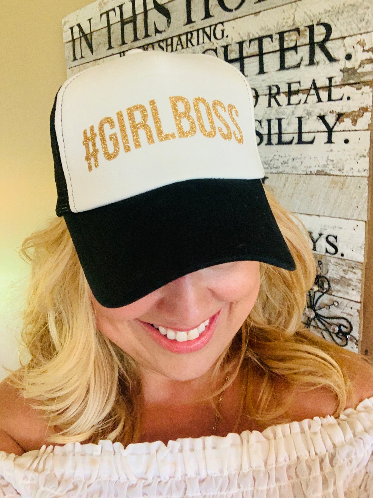 Hats { #Girlboss } Black & white, black, maroon or navy blue with gold glitter and hashtag. - Stacy's Pink Martini Boutique