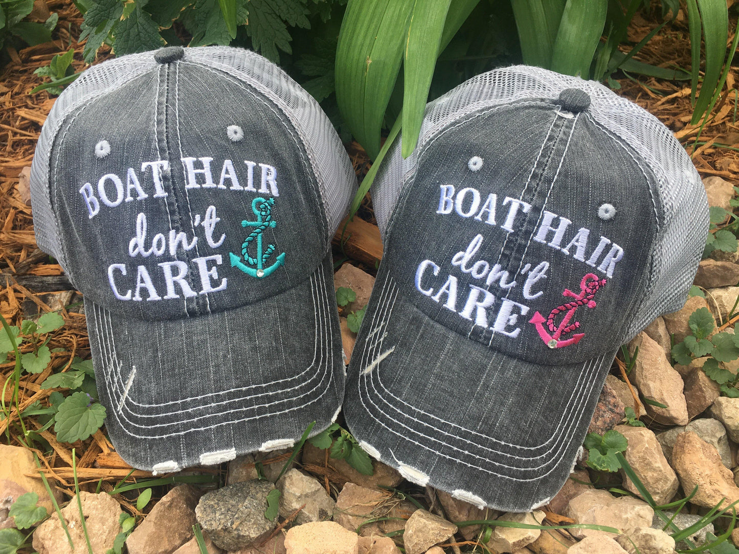 Boat hats! Boat hair dont care. FREE ship and FREE jewelry with each order. Embroidered distressed gray trucker hats with anchors. - Stacy's Pink Martini Boutique