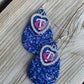 Earrings { Minnesota Twins Baseball } Blue, silver, white, red. Glitter, matte, embossed. Teardrop leather fish hook. - Stacy's Pink Martini Boutique
