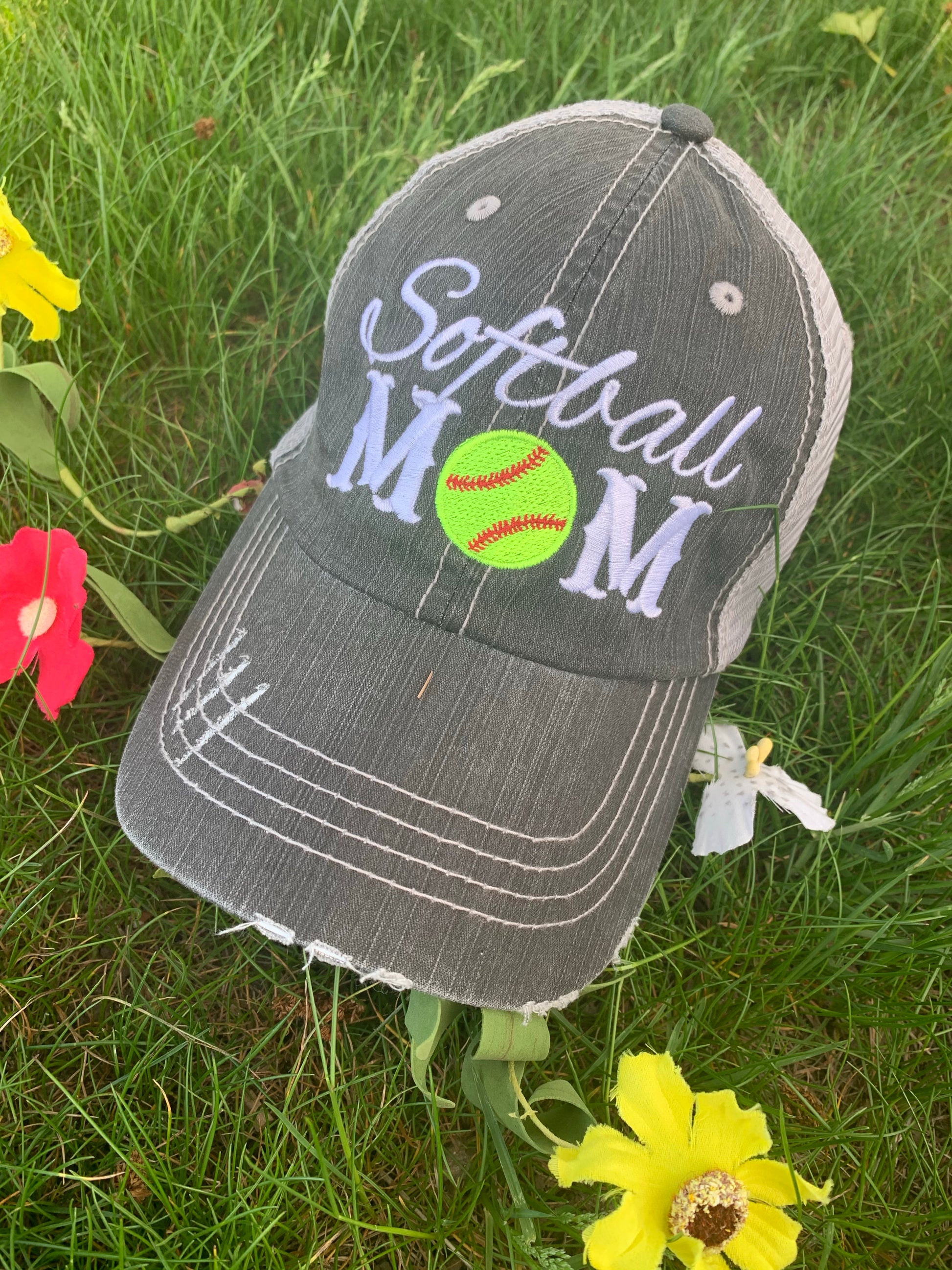 Softball hats Softball mom Softball hair dont care Embroidered gray distressed adjustable trucker caps Personalizable Softball forever - Stacy's Pink Martini Boutique