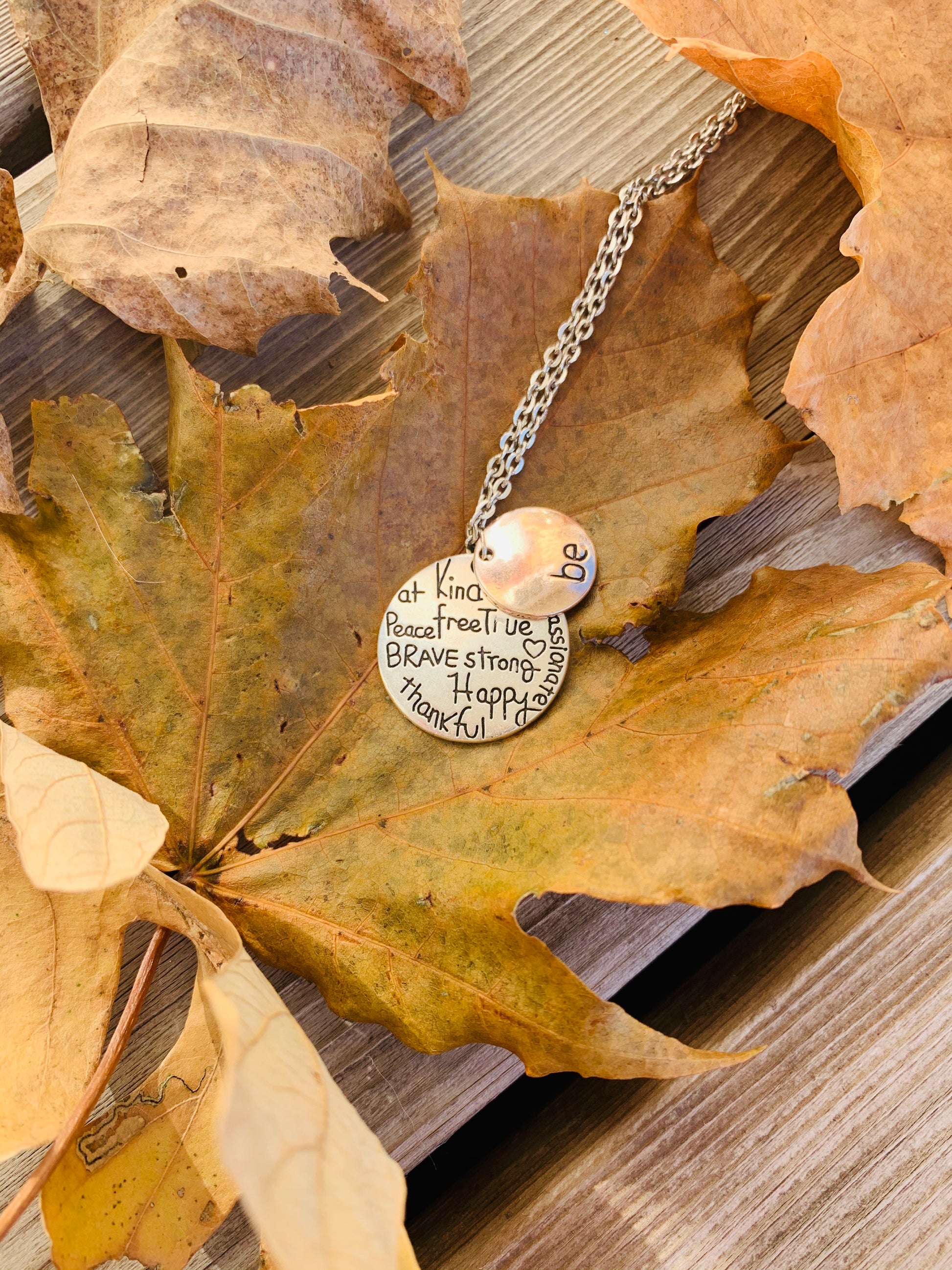 Necklace { Be Kind, Wise, Compassionate, Free, True, Brave, Strong, Happy, Thankful } Silver and bronze. - Stacy's Pink Martini Boutique