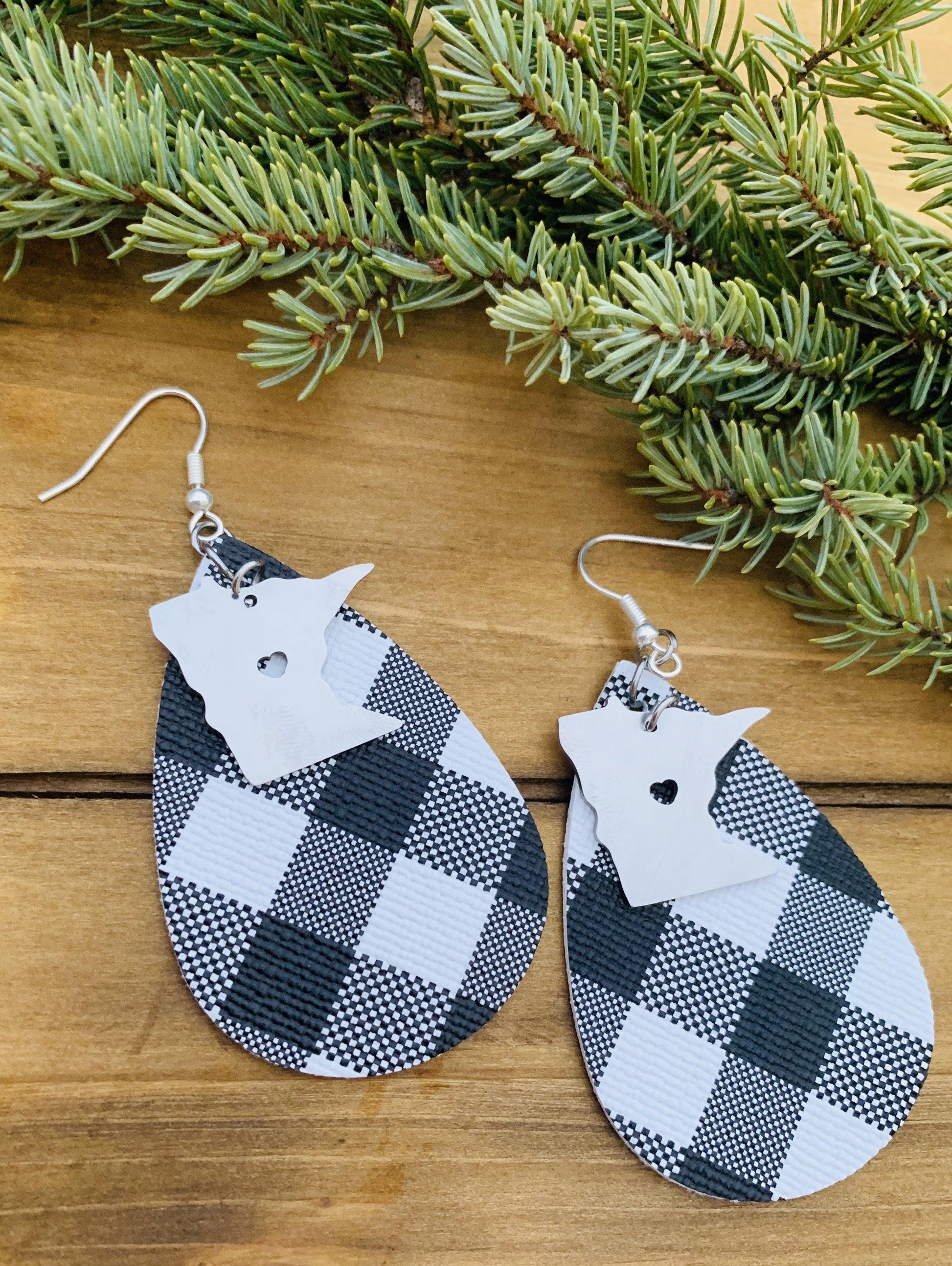 State earrings | Buffalo plaid-Sterling silver charm | Any state | Handmade in Minnesota | Leather teardrops with fish hooks - Stacy's Pink Martini Boutique