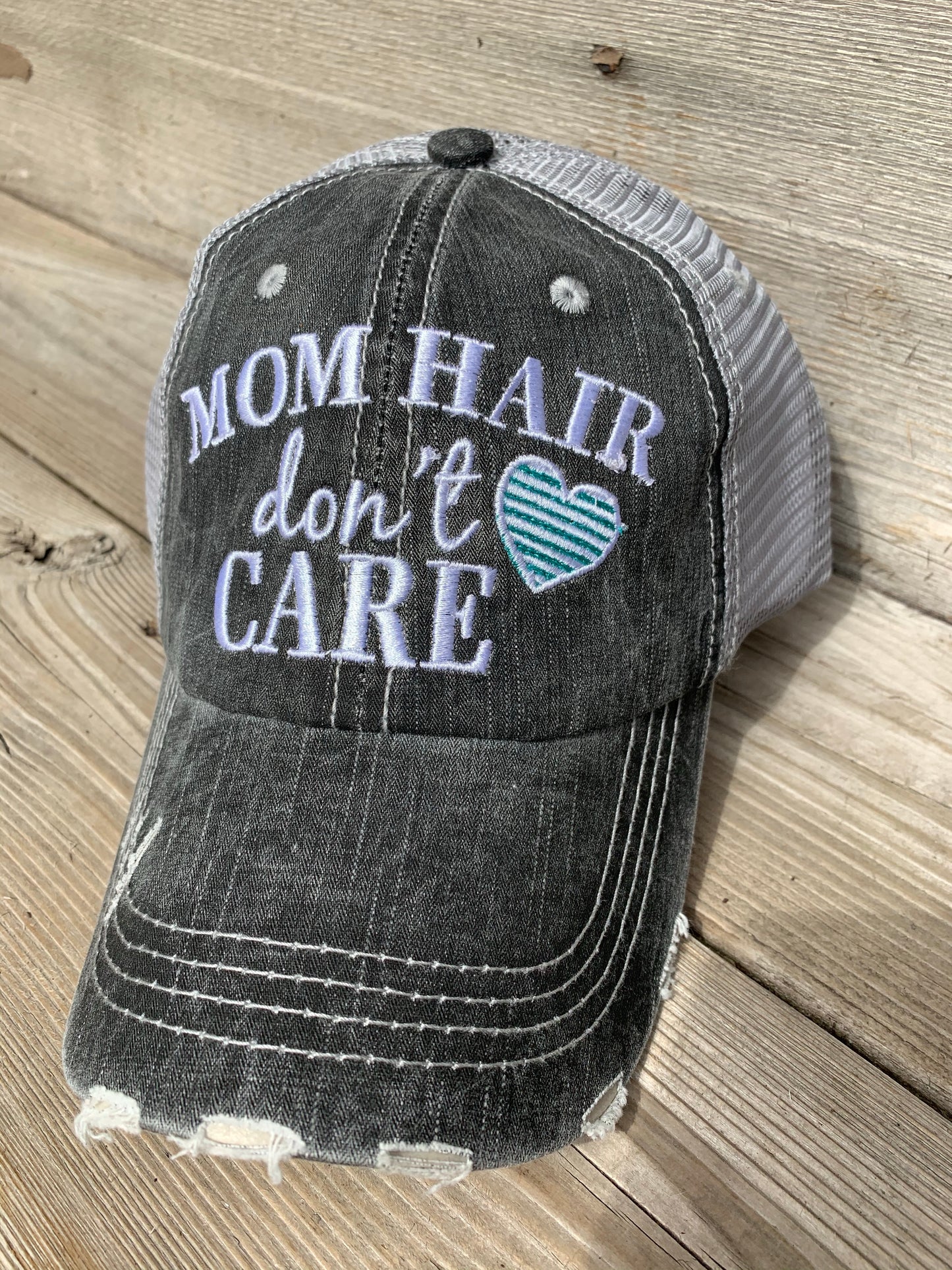 Mom hats Mom hair dont care Embroidered trucker womens baseball caps Teal pink heart - Stacy's Pink Martini Boutique