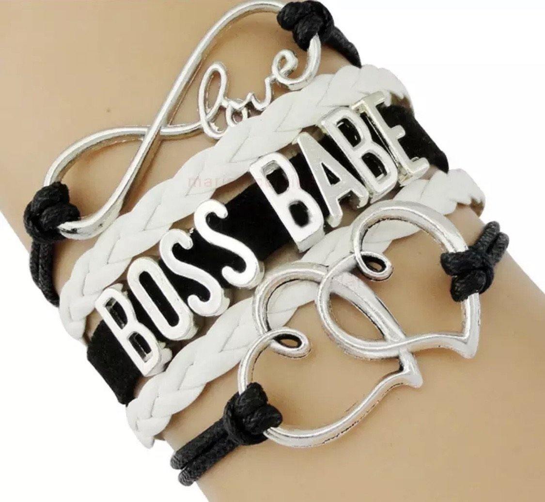 Bracelet { Boss babe } Hearts. Love. Infinity. Black and white with silver. Adjustable with extender. Wholesale available. - Stacy's Pink Martini Boutique