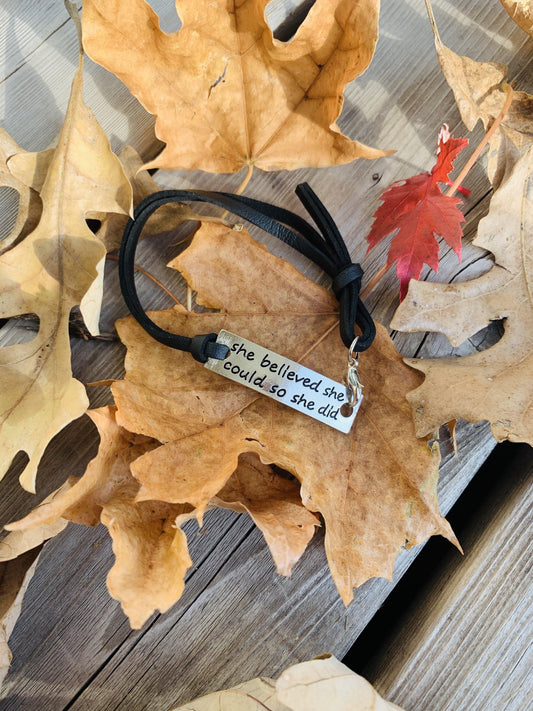 Bracelet { She believed she could so she did } Adjustable black leather and silver. - Stacy's Pink Martini Boutique