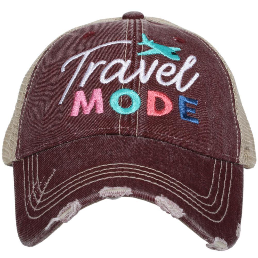 Travel hats TRAVEL MODE Embroidered distressed womens unisex trucker caps Airplane Trips Gray pink wine teal - Stacy's Pink Martini Boutique