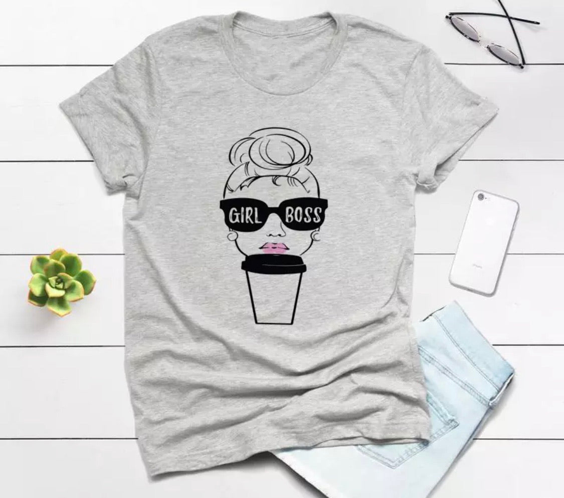 Girlboss | T-shirt | Coffee ~ Messy bun - Stacy's Pink Martini Boutique