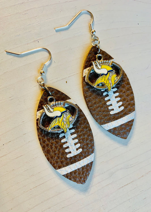 Earrings { Football } Minnesota Vikings • Brown leather footballs • Silver • Fish hook • All NFL teams available • Vikings charms available separately as well. - Stacy's Pink Martini Boutique