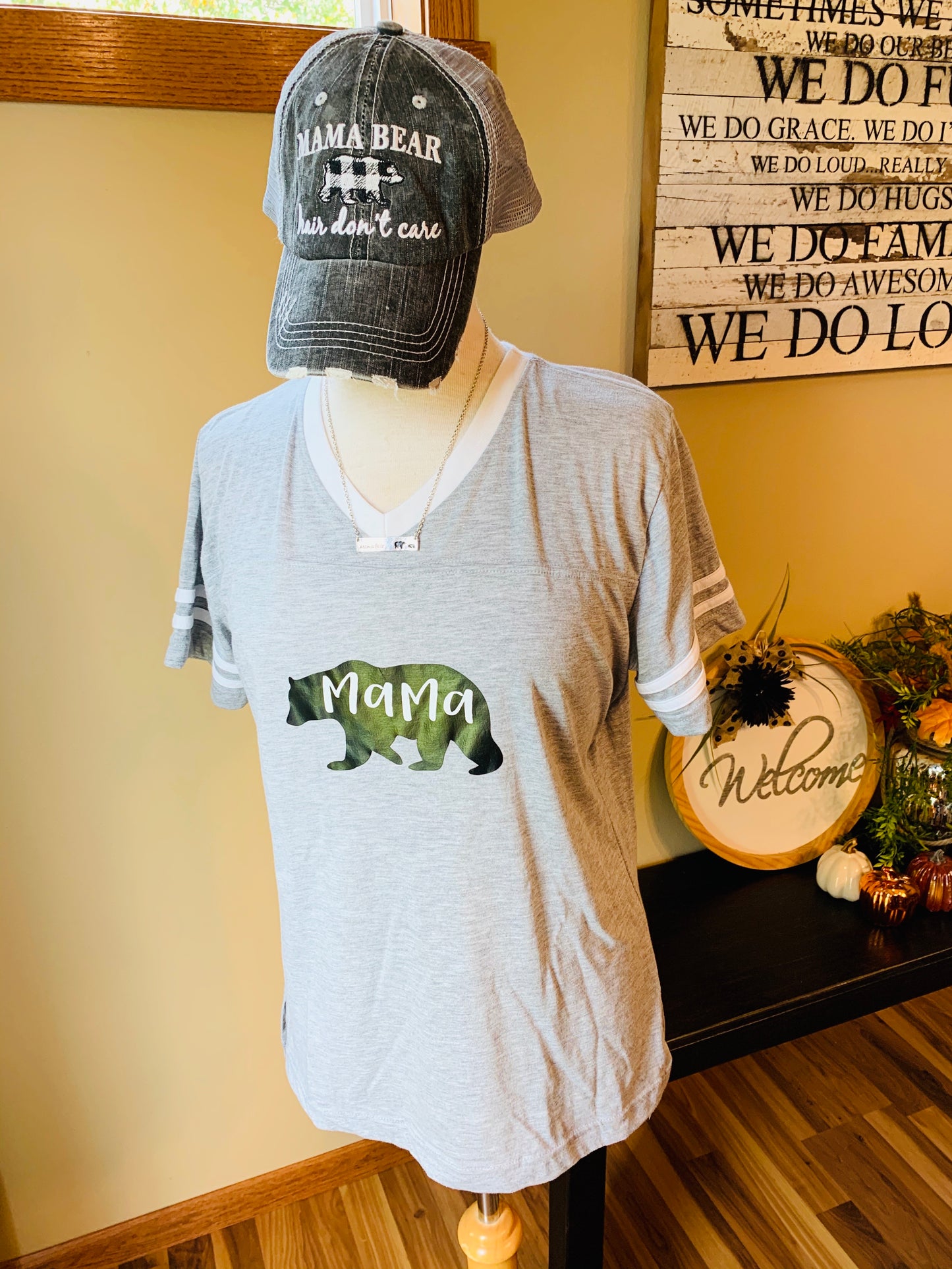 Hats, shirts, necklaces { Mama bear hair don't care. Gray with black and white buffalo plaid bear. Embroidered. Necklaces silver with option of bears. T-shirts XS - XL. - Stacy's Pink Martini Boutique