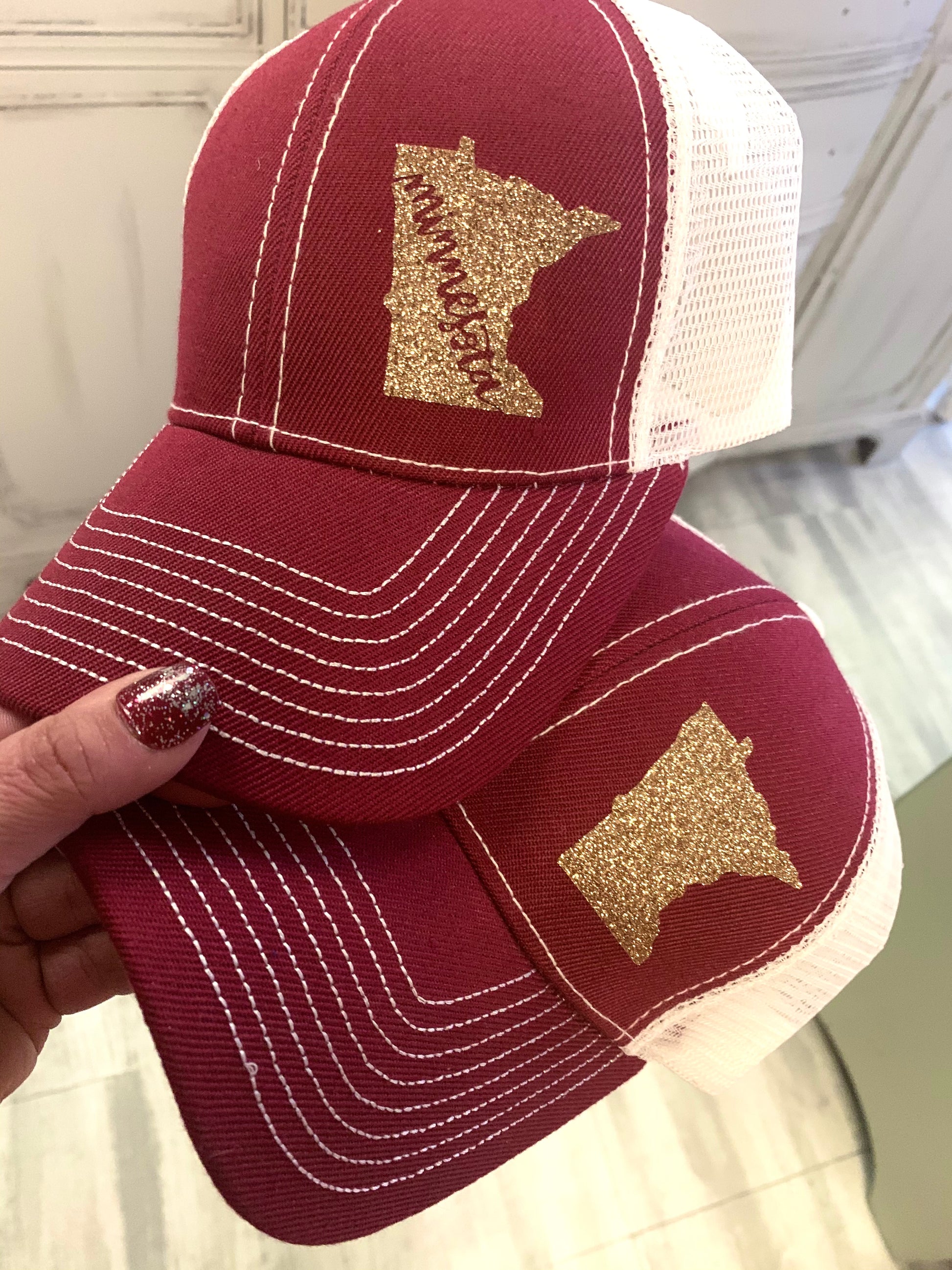 Minnesota Golden Gophers hat Maroon white gold glitter state of Minnesota Trucker cap - Stacy's Pink Martini Boutique