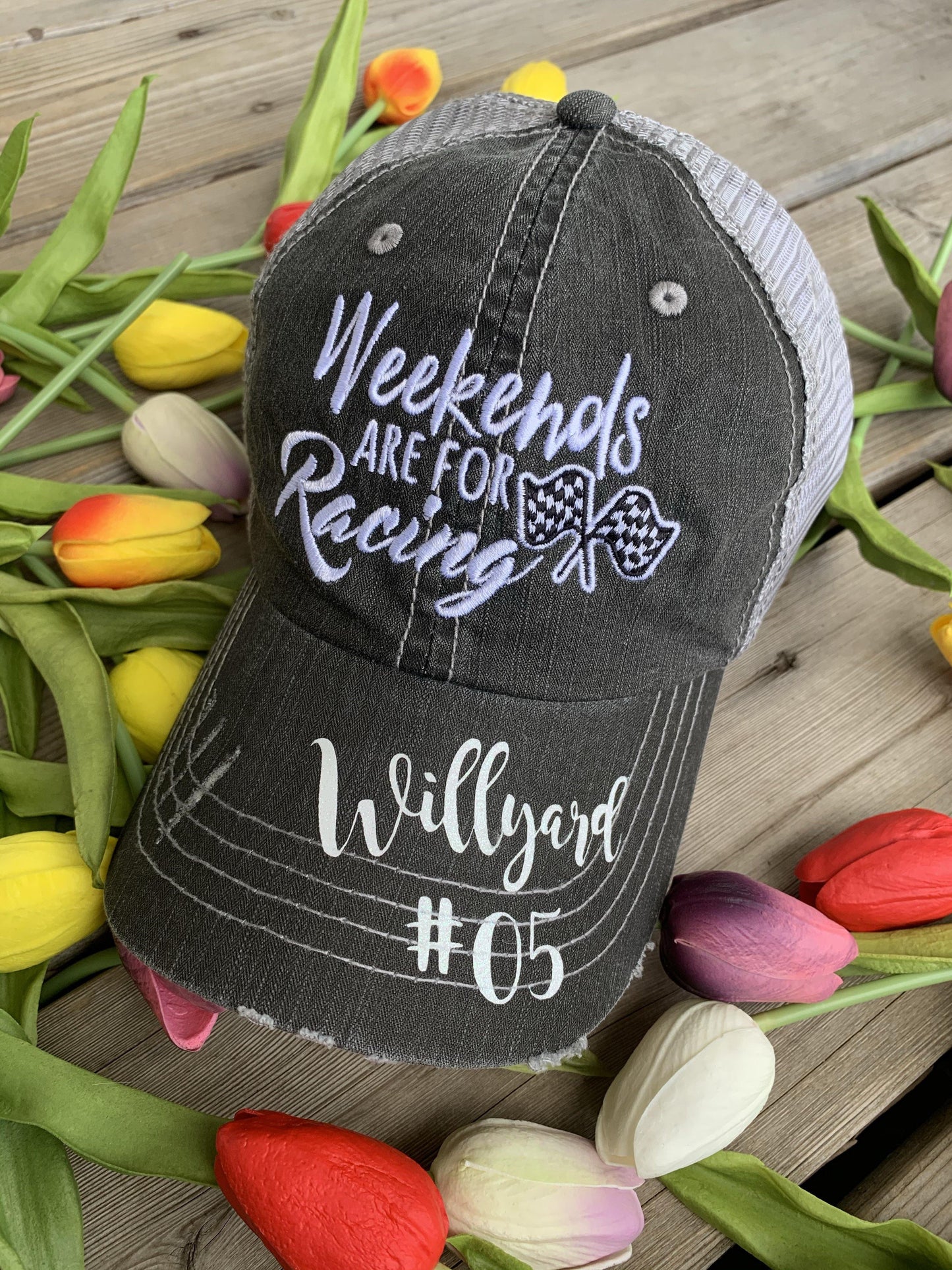 Hats { Cheer mom } Embroidered distressed trucker cap with adjustable Velcro • Pom poms • Gray with pink, teal, purple or red pom poms • Customize with names and numbers - Stacy's Pink Martini Boutique