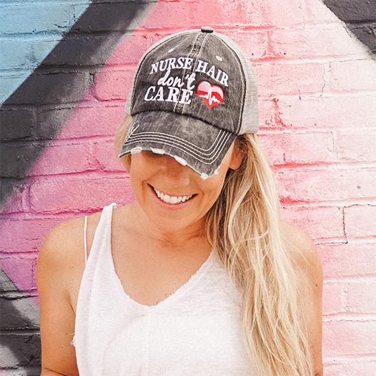 Nurse hat Nurse hair dont care Mask Heart Embroidered gray distressed trucker cap Nursing Heartbeat - Stacy's Pink Martini Boutique