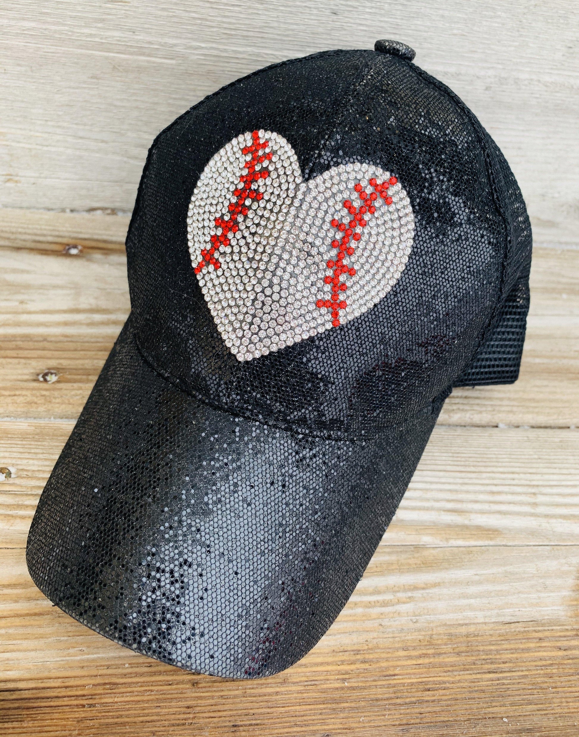 Baseball hats | Black sequin hat with heart shaped blingy baseball - Stacy's Pink Martini Boutique