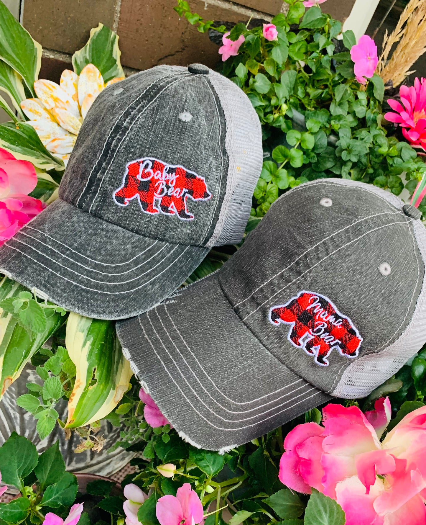 Mom hats Mama bear Baby bear Embroidered distressed womens trucker caps Buffalo plaid - Stacy's Pink Martini Boutique