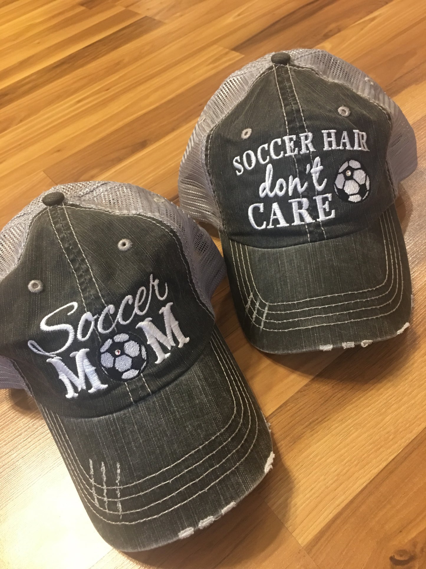 Soccer hats | Soccer mom | Womens embroidered distressed trucker caps | Personalize - Stacy's Pink Martini Boutique