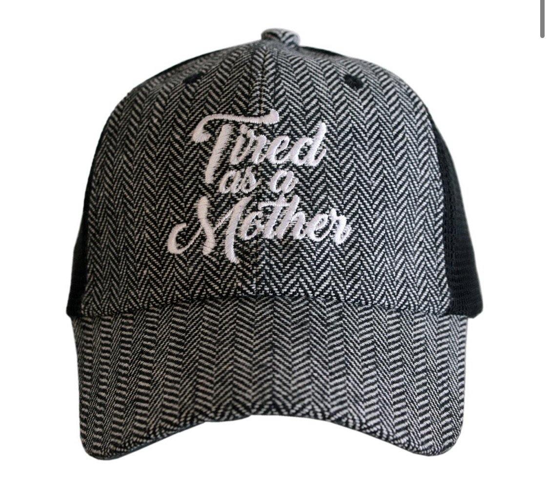 Mom hats! { Tired as a mother } Herringbone ~ Black & white • Embroidered • Womens trucker cap • Clothing - Stacy's Pink Martini Boutique