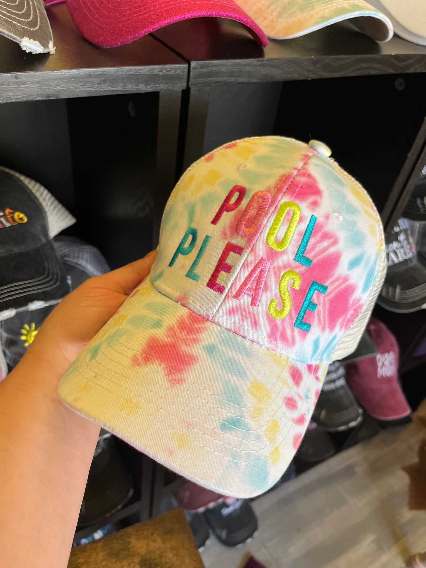 Pool please trucker hats Unisex Gray Teal or Tie dye Embroidered