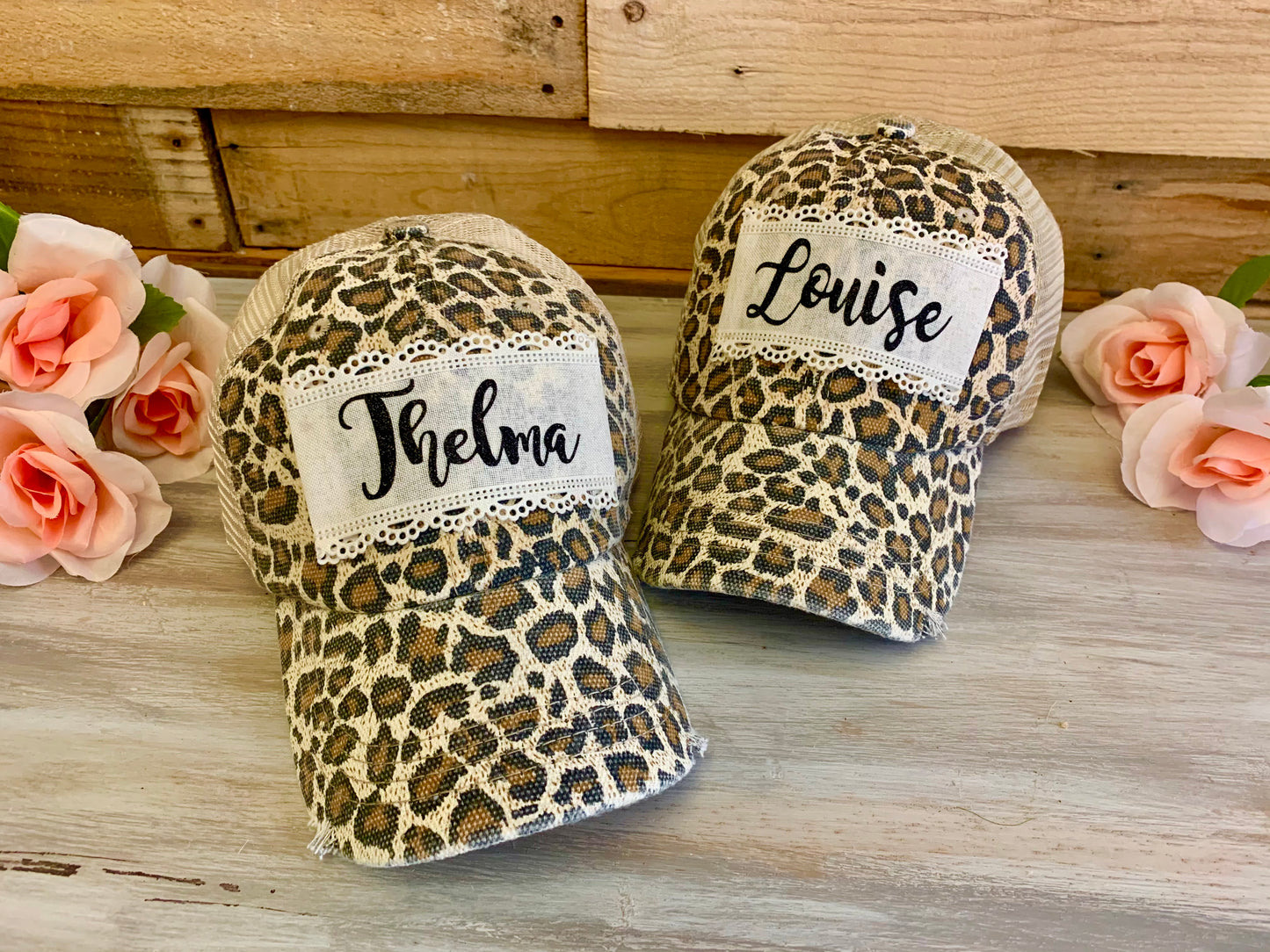 Thelma and Louise hats Embroidered womens gray distressed trucker caps - Stacy's Pink Martini Boutique