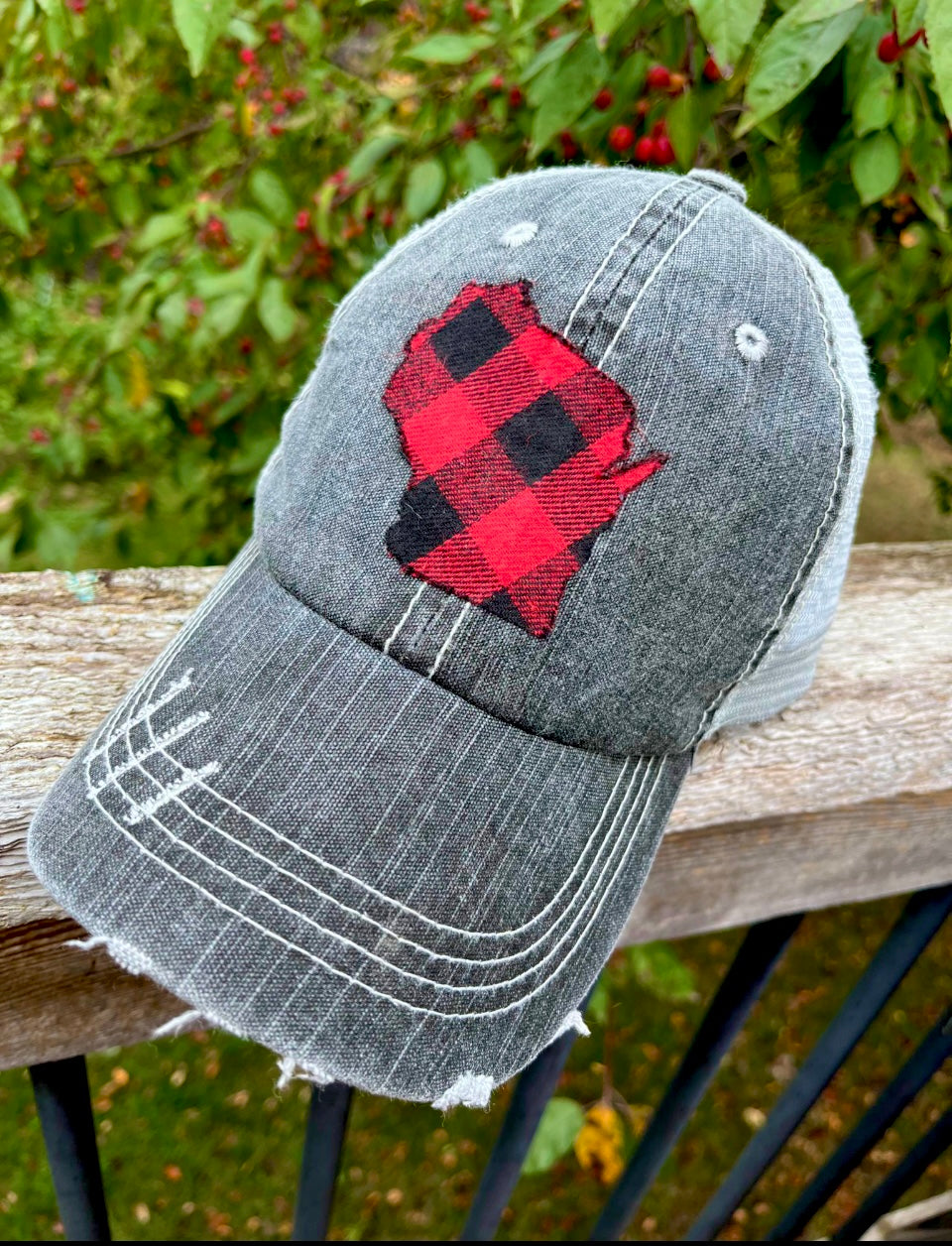 State hats Buffalo plaid state Gray distressed trucker cap Unisex