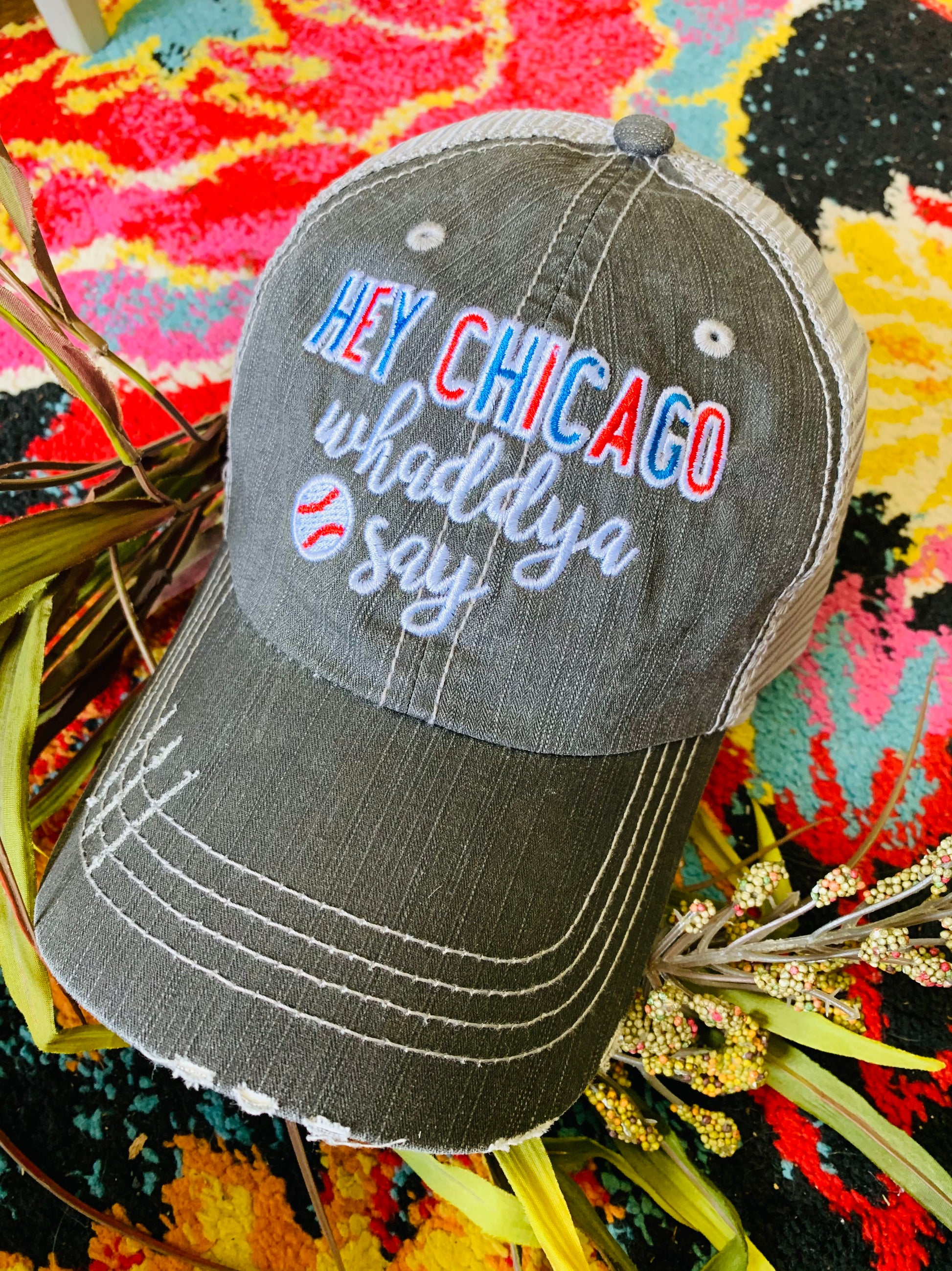 Baseball hats Chicago Cubs Hey Chicago whaddya say Embroidered distressed  gray trucker cap Unisex