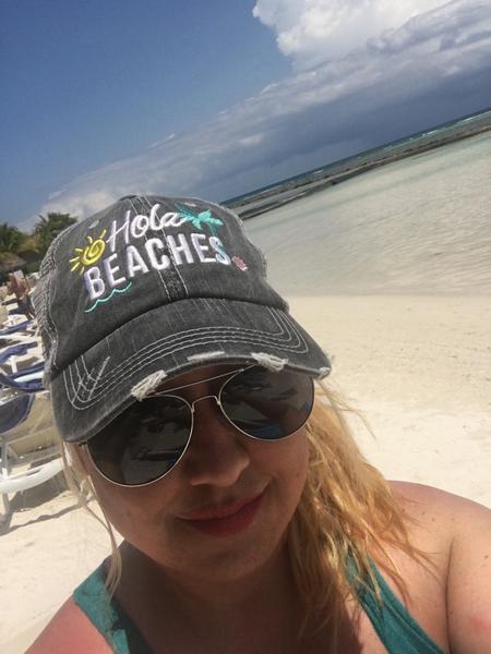 Hola beaches hats! | Womens embroidered trucker cap | Personalize | Beach hats | Cute palm trees, sunshine, waves and seashell | Girls weekend accessories. - Stacy's Pink Martini Boutique