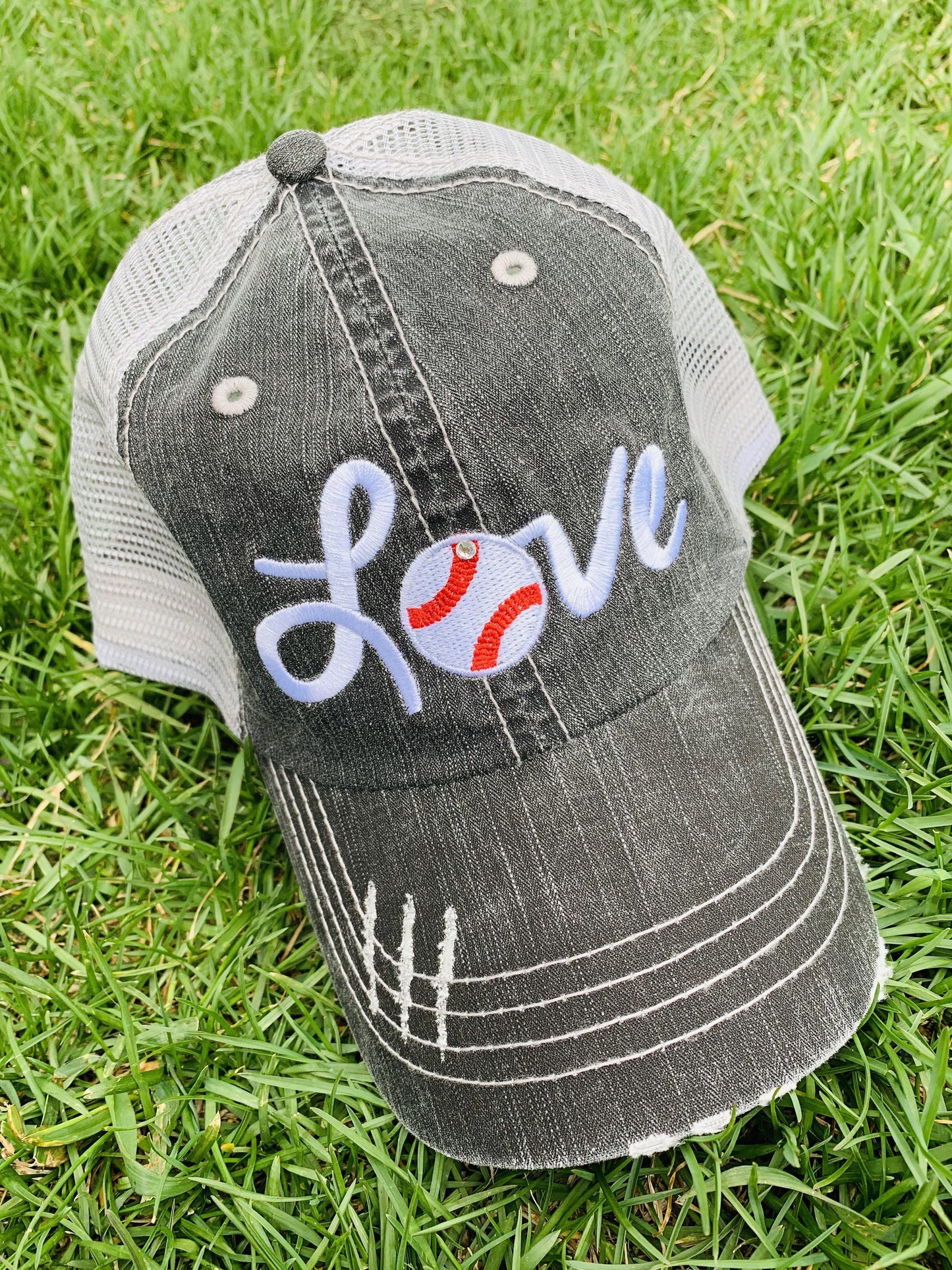 Baseball hat! Love ~ Embroidered women's trucker cap ~ Adjustable ~ Distressed - Stacy's Pink Martini Boutique
