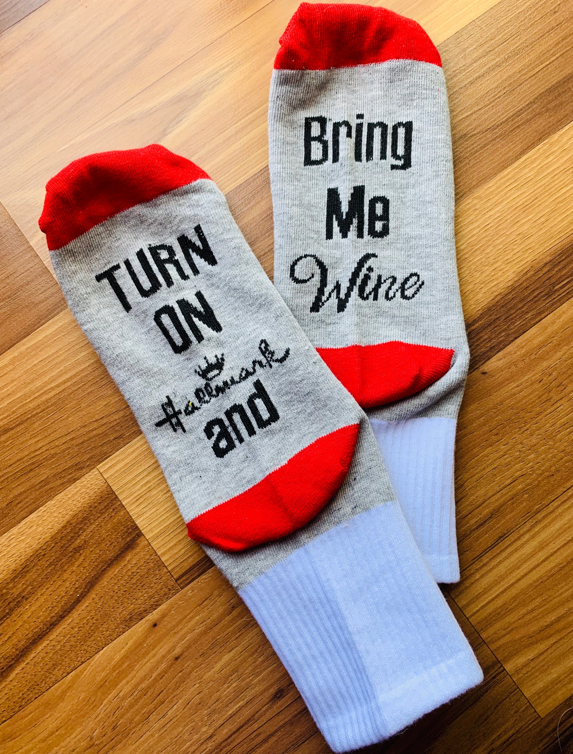 Socks { Turn on Hallmark & bring me w ine } Red and gray with black letters. - Stacy's Pink Martini Boutique