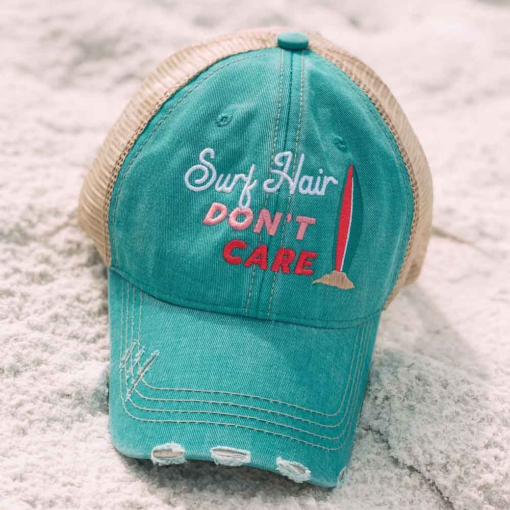 Surfing Hats Surf hair dont care Teal or black Embroidered distressed gray trucker cap  Surfboard Palm tree Beach - Stacy's Pink Martini Boutique