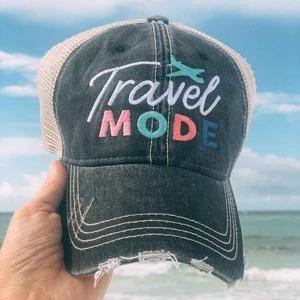 Travel hats TRAVEL MODE Embroidered distressed womens unisex trucker caps Airplane Trips Gray pink wine teal - Stacy's Pink Martini Boutique